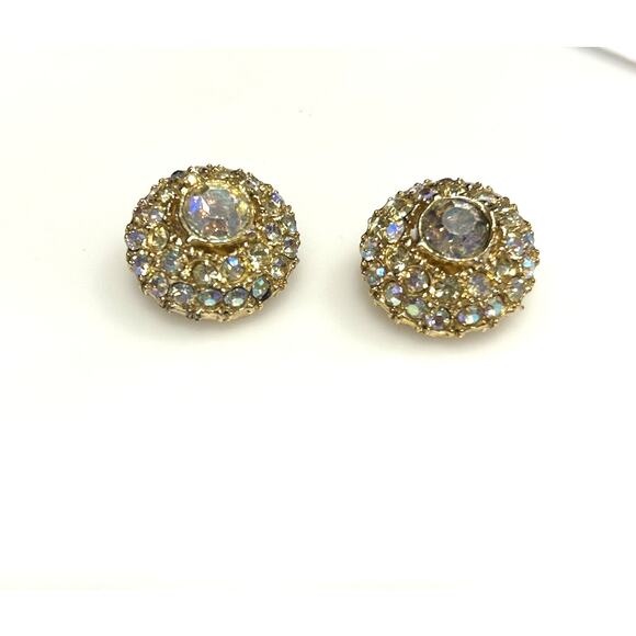 Vintage Aurora Borealis Iridescent Rhinestone Clip On Earrings Round Studs 1” - Picture 1 of 5